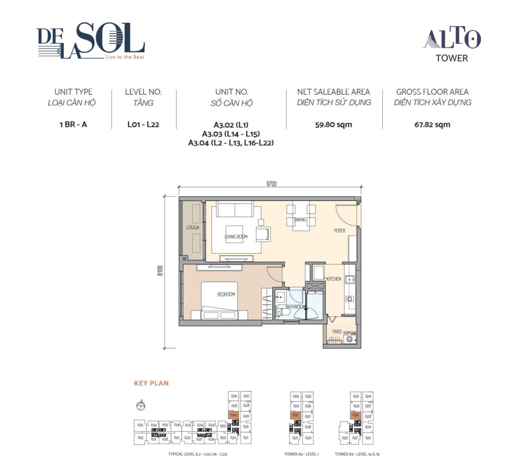 1 bedroom apartment layout of De La Sol