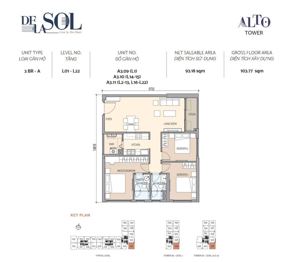 3 bedroom apartment layout of De La Sol
