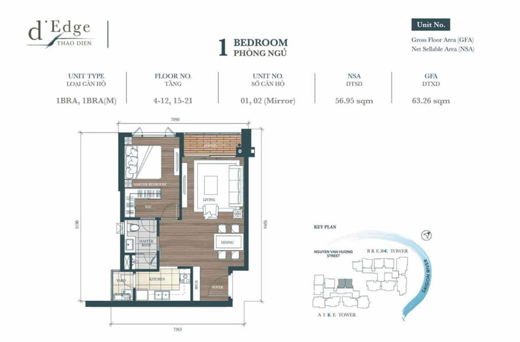 1 bedroom apartment D'edge Thao Dien layout 