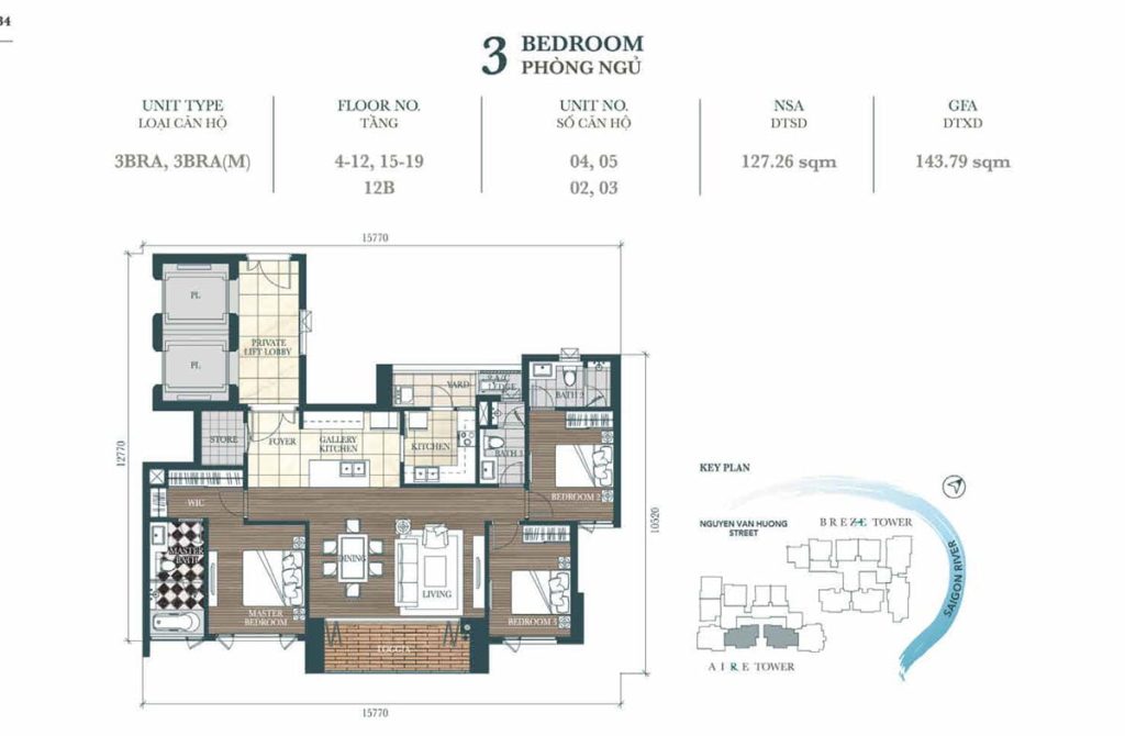 3 bedroom apartment D'edge Thao Dien layout 