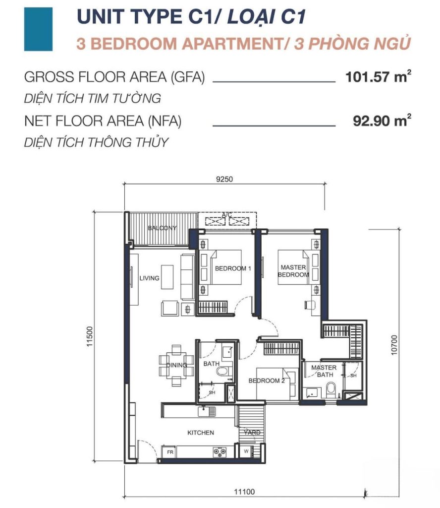 Q2 Thao Dien 3 bedroom apartment layout