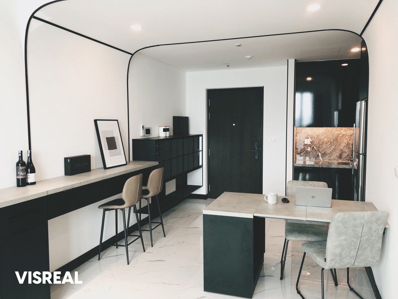 Open-plan living area with a long counter, bar stools and a dining table in a 1-bedroom apartment at Empire City, Thu Thiem