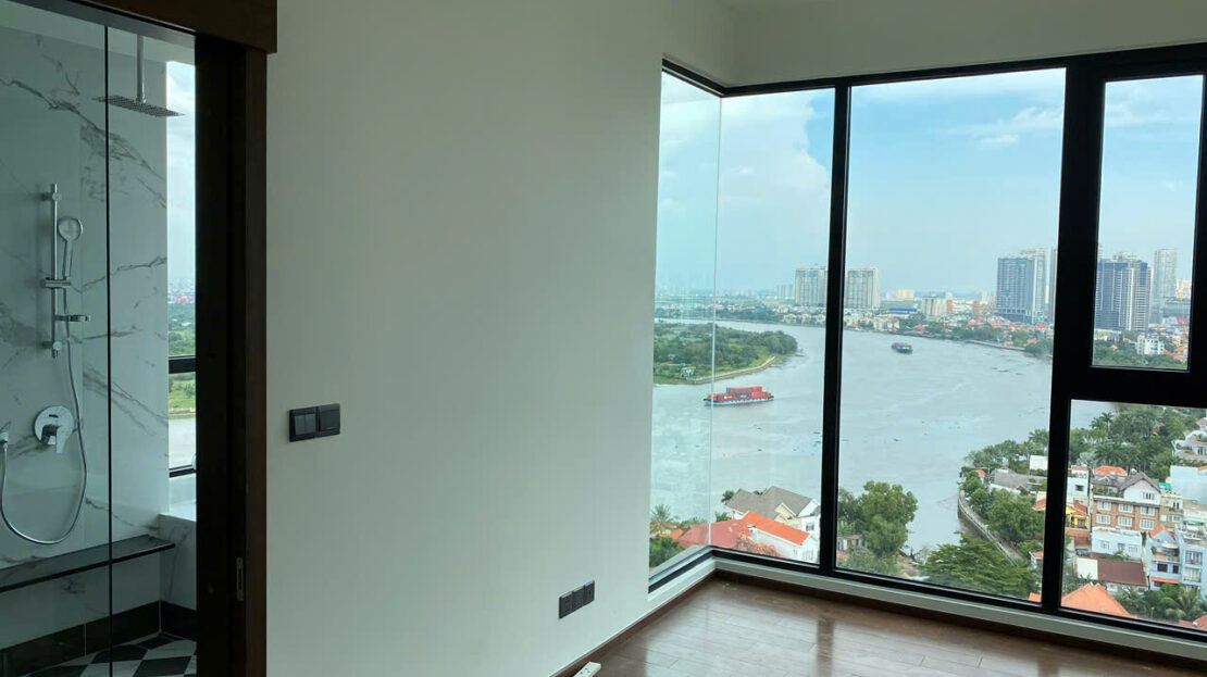 Bedroom with Saigon River view and marble en-suite shower, D'edge Thao Dien apartment