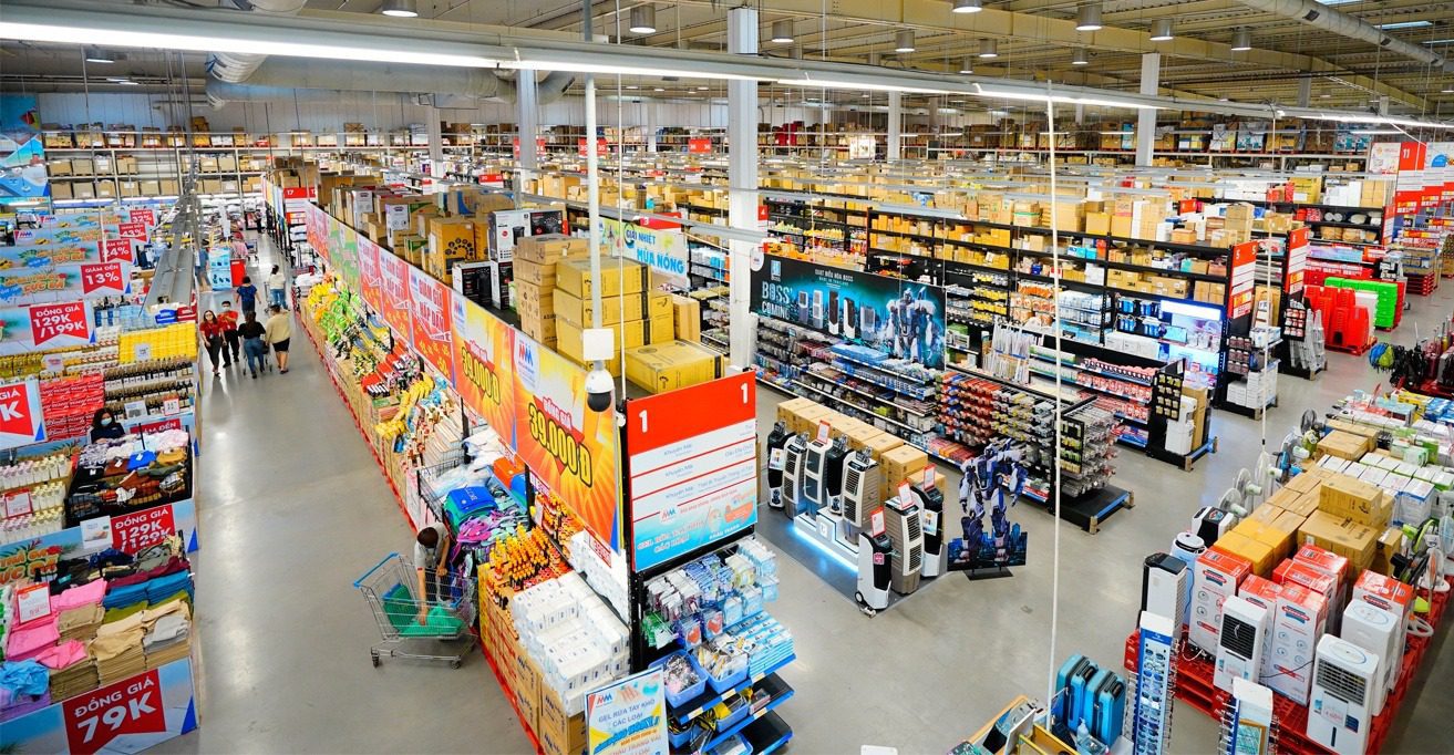 Aisles of household goods and groceries at MM Mega Market An Phu, near Thao Dien