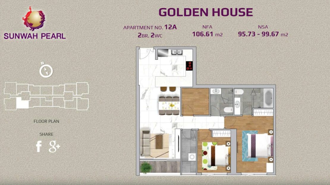 Buy 2 bedroom apartment in Sunwah Pearl - Layout 2BR+1, 106m2