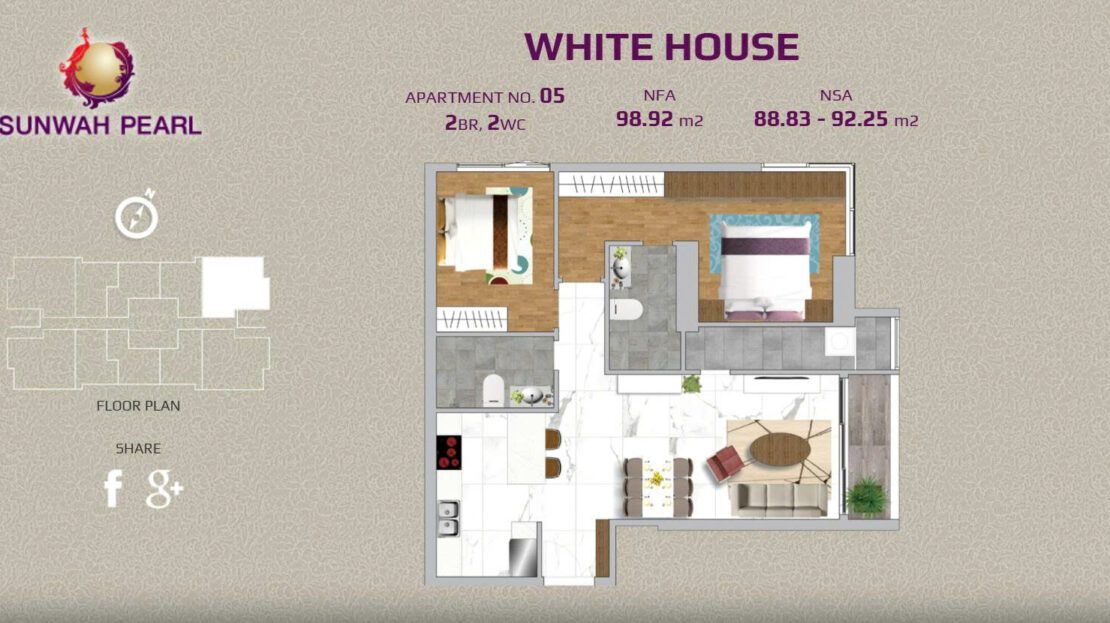 Sunwah Pearl 2 bedroom unit for sale 99 sqm, WH layout 05 basic furniture