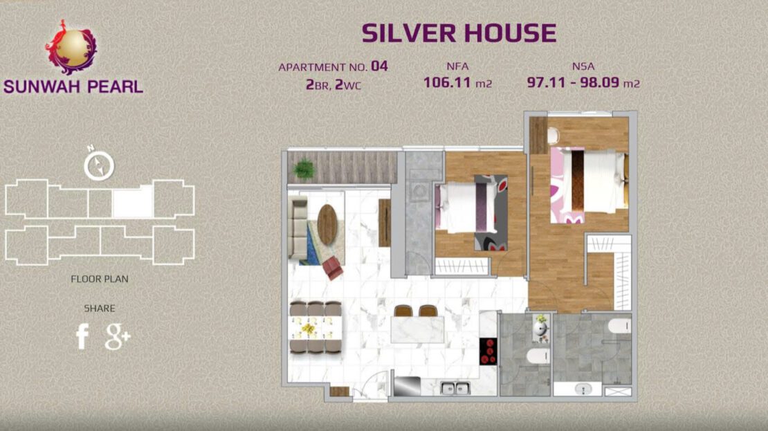 Sunwah Pearl 2 bedroom for sale HCMC – Silver House, high floor 106 sqm
