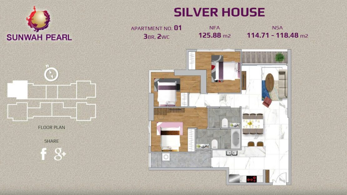 Sunwah Pearl 3BR for sale in silver house, high floor 125m2