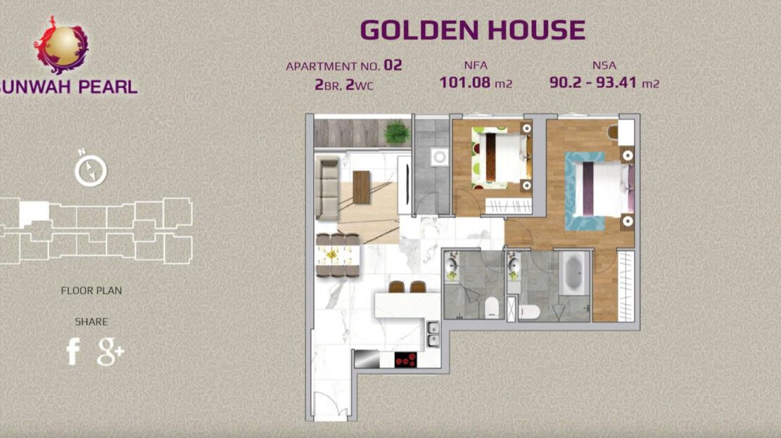Sunwah Pearl Golden House 2 bedroom for sale - GH-layout 02, 101m2 high floor