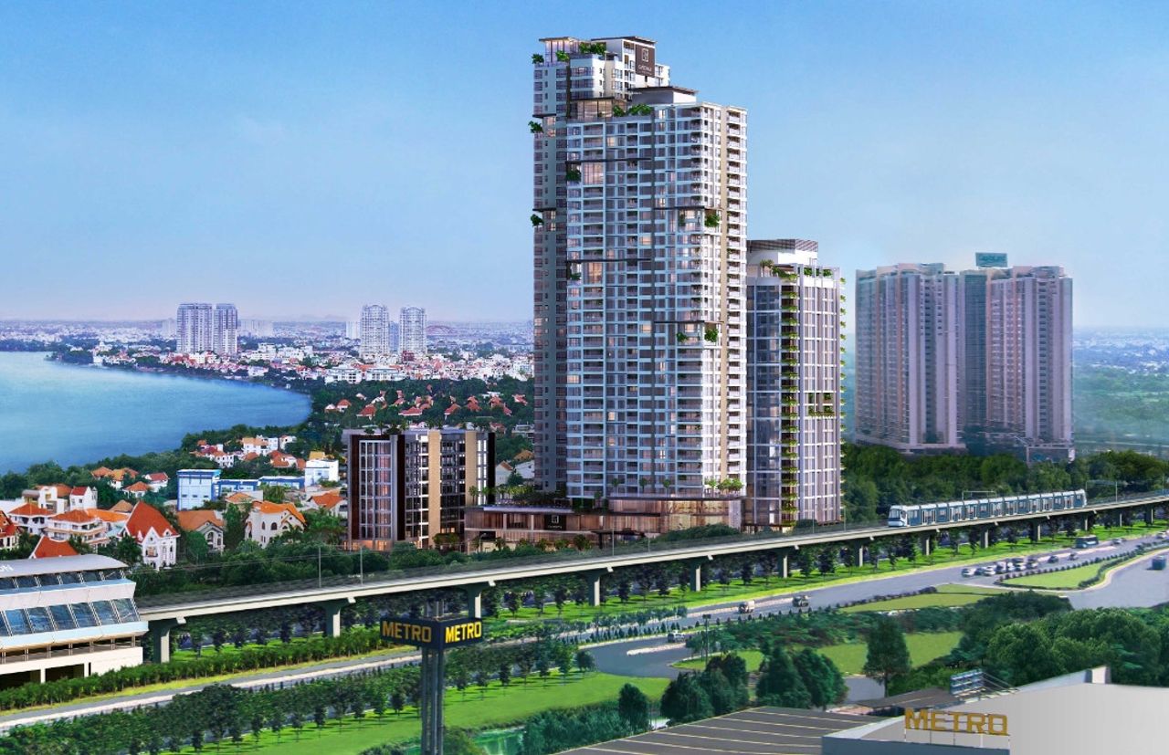 Developer render of the Gateway Thao Dien towers beside the Metro Line 1 viaduct on Hanoi Highway