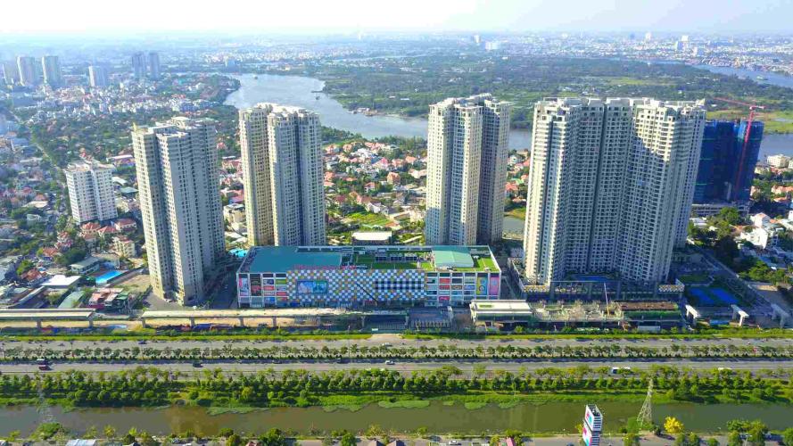 Aerial view of the Masteri Thao Dien towers and Vincom Mega Mall beside Hanoi Highway and the Metro Line 1 viaduct