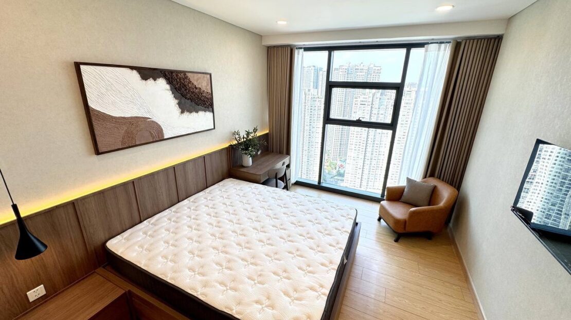 Second bedroom with LED-lit headboard panel and tall window, Sunwah Pearl 2BR for rent