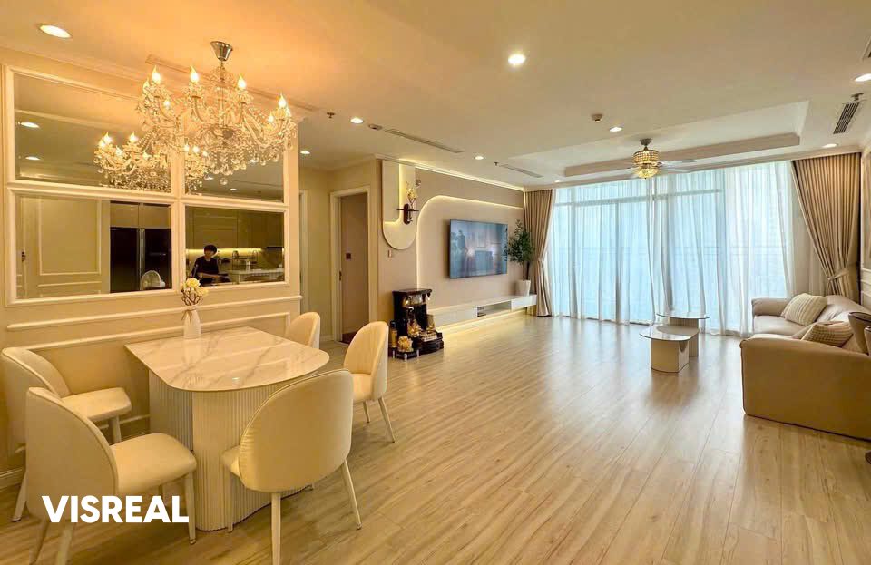 Open living and dining room with wood-look floor and window wall, Vinhomes Central Park apartment