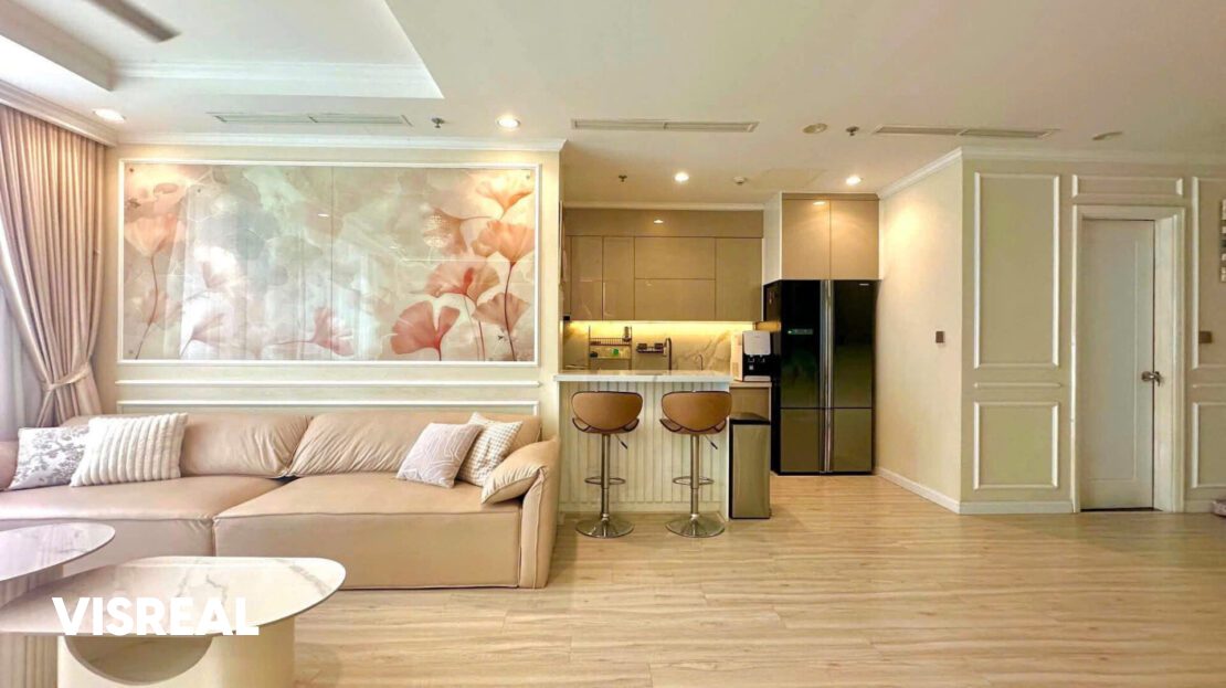 Cream sofa, breakfast bar and French-door fridge, 126 m² 3-bedroom rental in Vinhomes Central Park