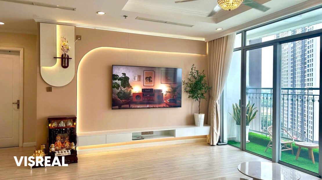 Living room with ceiling fan and glass doors to a turfed balcony, Vinhomes Central Park 3BR