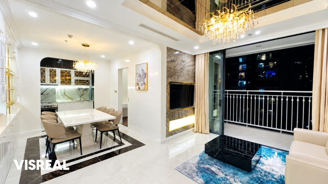 3BR apartment for rent Landmark 1 Vinhomes Central Park – elegant white-gold interior