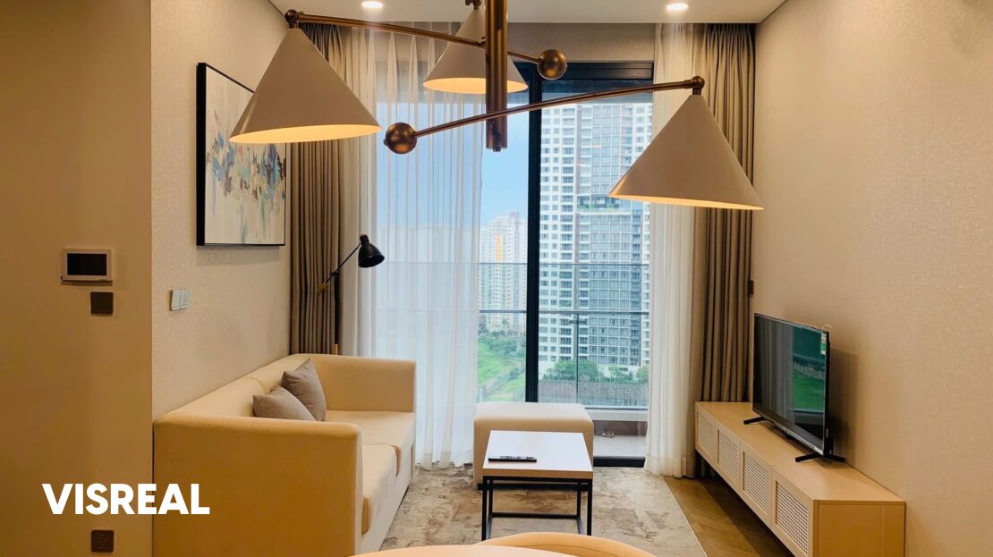 Cream sofa and brass cone pendant facing the city-view balcony, Lumiere Riverside 2BR