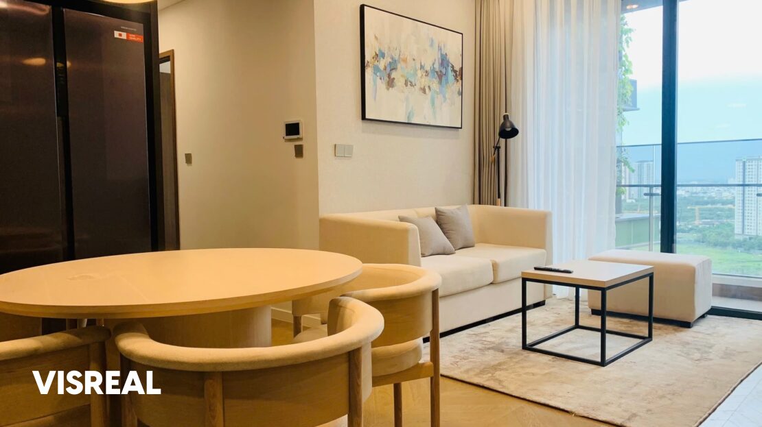 Round oak dining set beside the living room, 2-bedroom apartment in Lumiere Riverside