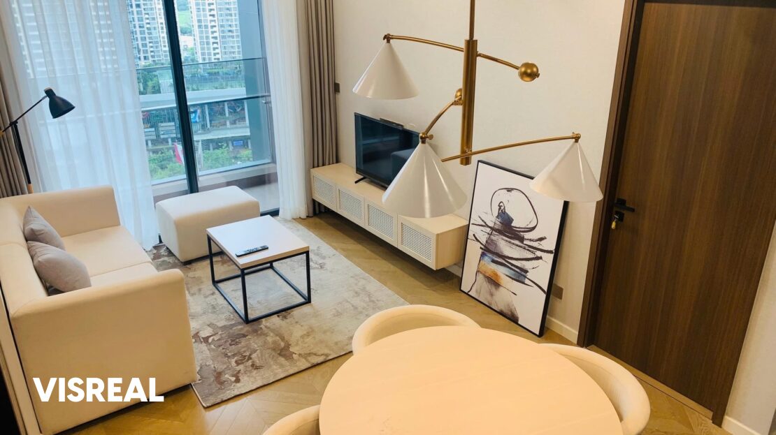 Living room seen from above with TV unit and city view, Lumiere Riverside rental