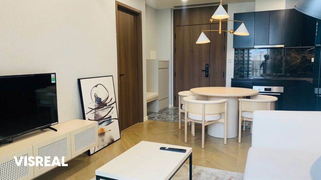 Living area looking toward the dining table, kitchen and entrance, Lumiere Riverside