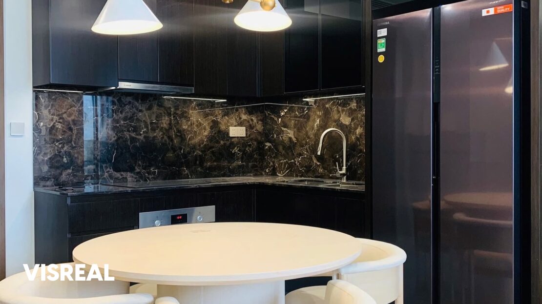 L-shaped kitchen with oven and Toshiba side-by-side fridge, Lumiere Riverside 2-bedroom