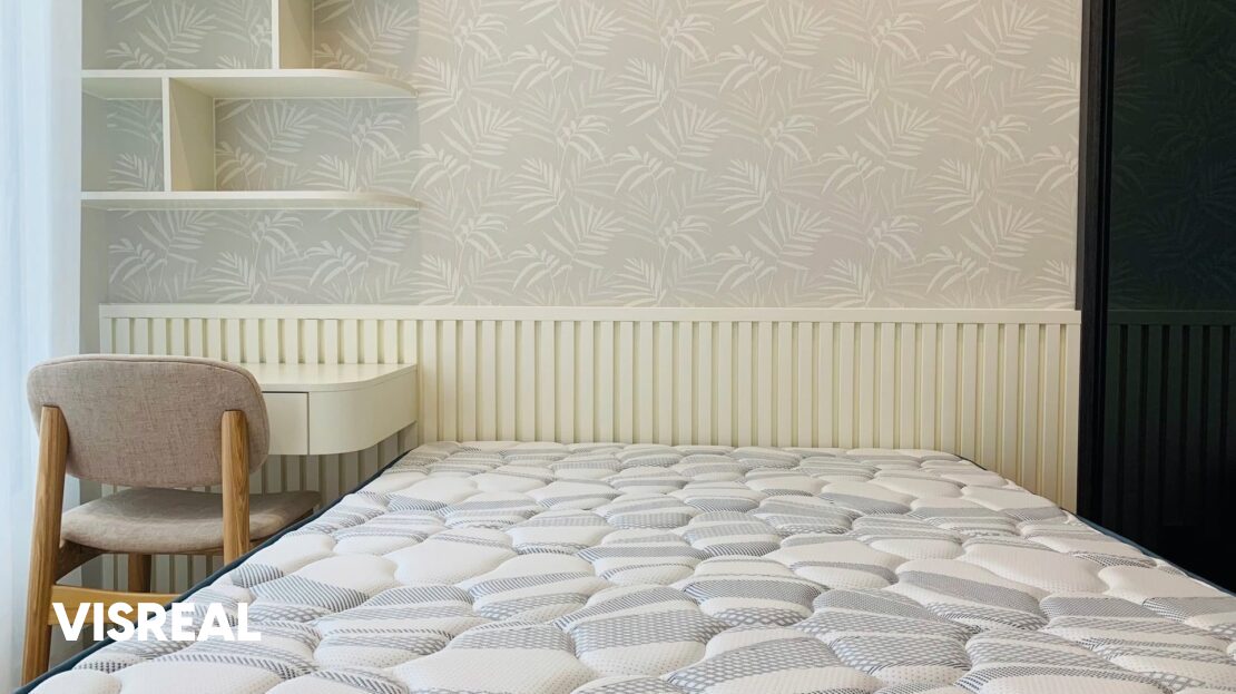 Second bedroom with built-in study desk and curved shelves, Lumiere Riverside 2BR