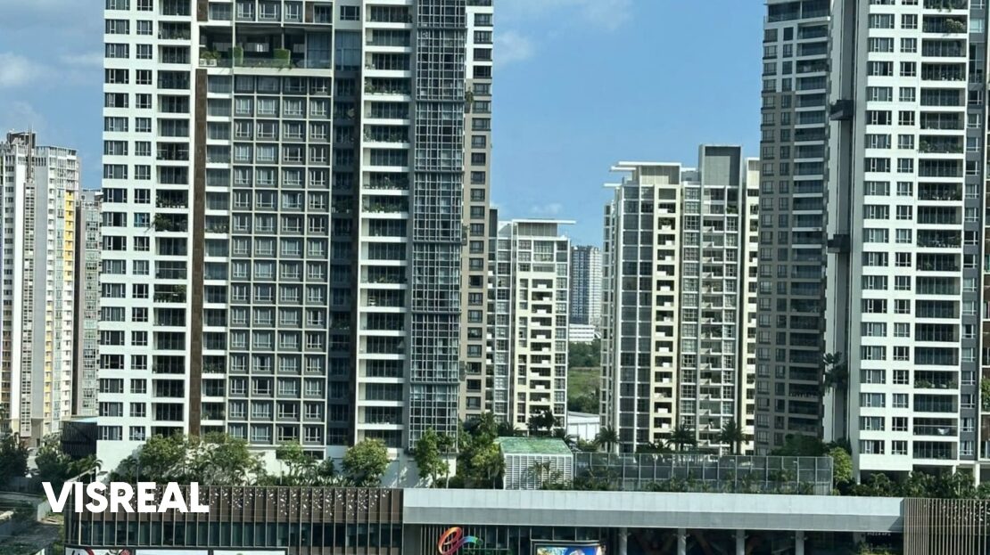 View of the pool deck and Estella Heights from a Lumiere Riverside 2BR window