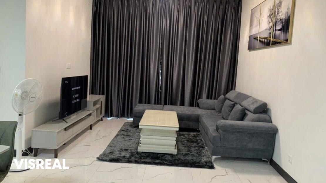 Living room with grey L-shaped sofa and TV unit, 2-bedroom apartment in Empire City