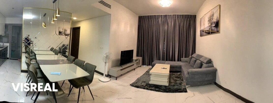 Panorama of kitchen, 8-seat dining and living room, Empire City 2BR