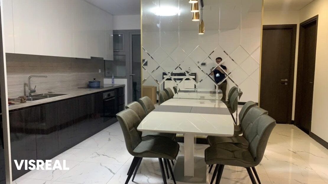 Extendable dining table with eight chairs and mirrored wall, Empire City rental