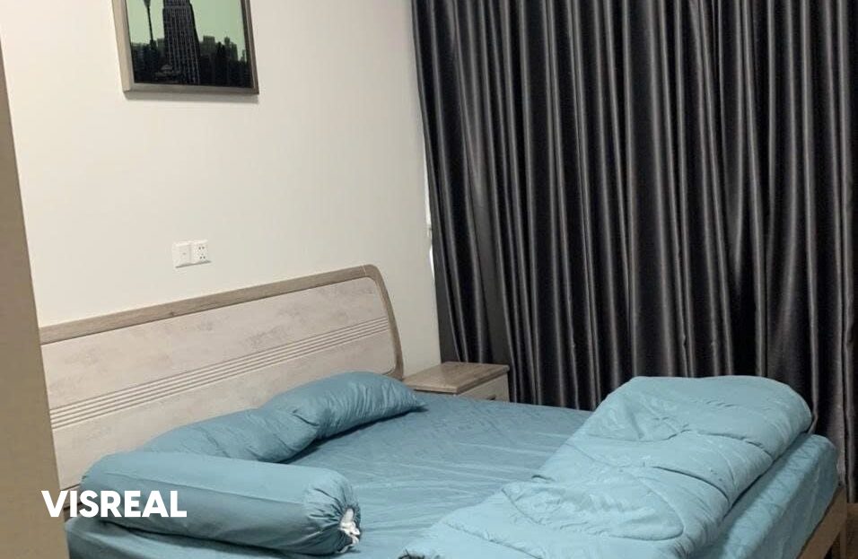 Master bedroom with wood floor and blackout curtains, 2BR for rent in Empire City