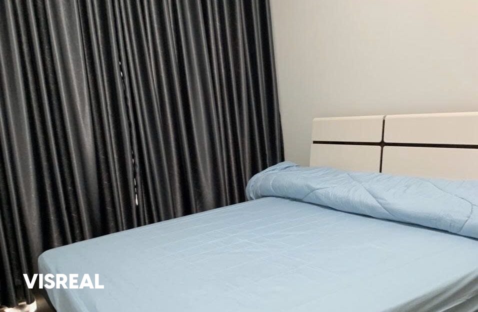 Second bedroom with double bed and framed tree print, Empire City 2-bedroom unit