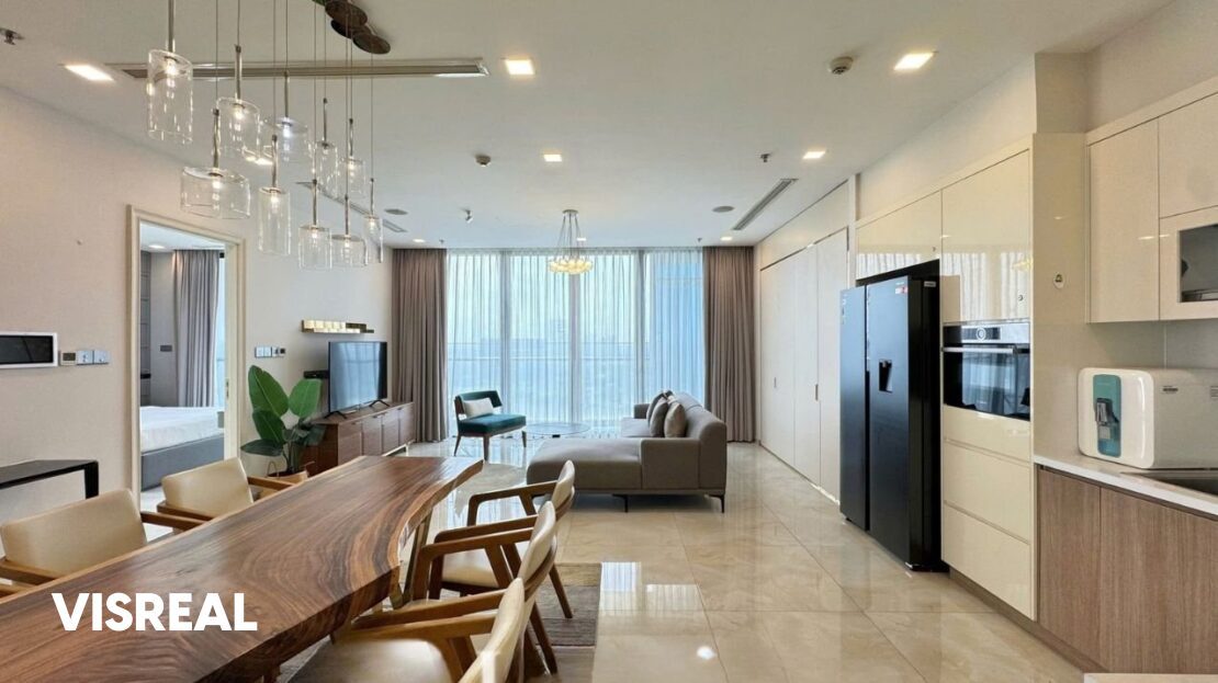 Live-edge dining table, kitchen with built-in oven and lounge, Vinhomes Golden River 3BR