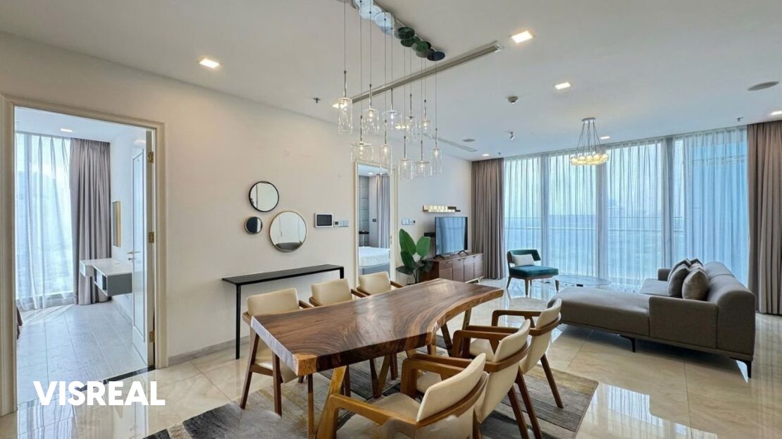 Dining area with mirrors and doors to two bedrooms, 3-bedroom apartment for rent in Vinhomes Golden River