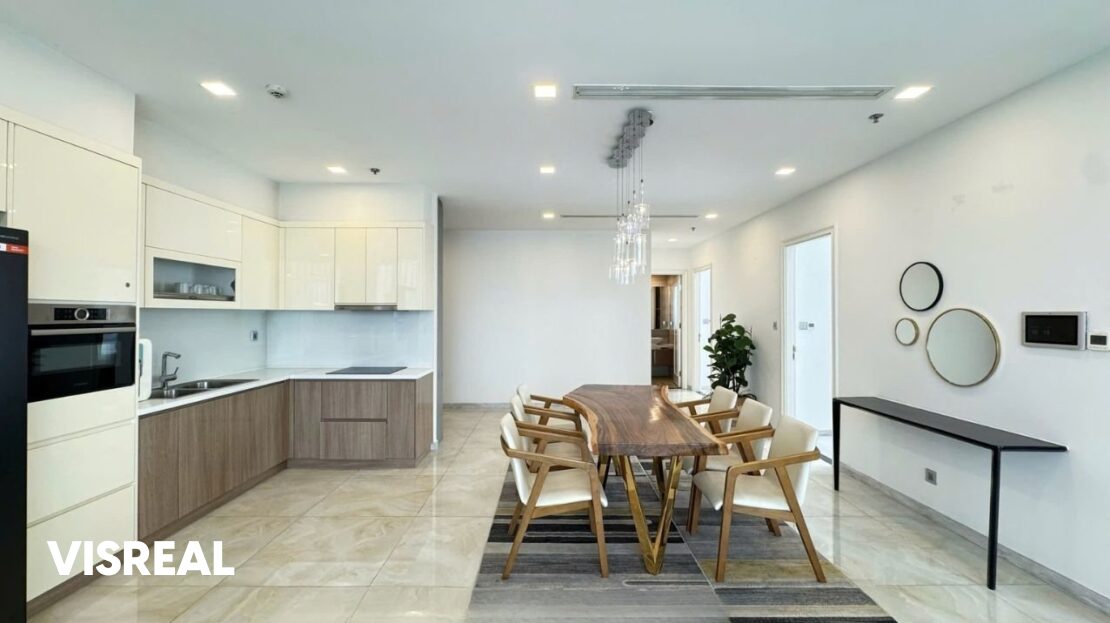 L-shaped kitchen with induction hob and built-in oven, Vinhomes Golden River 3-bedroom