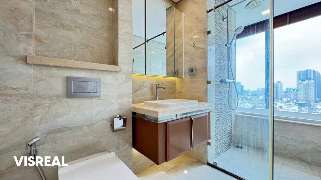 Bathroom with rain shower and city-view window, high-floor Vinhomes Golden River 3BR