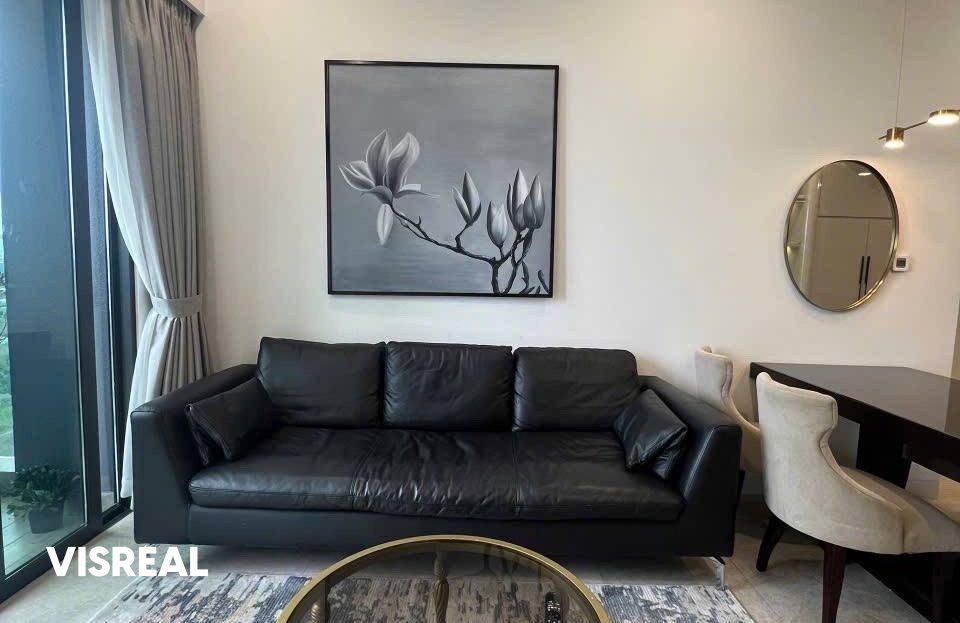 Black leather sofa, glass coffee table and writing desk, The River Thu Thiem 2-bedroom living room