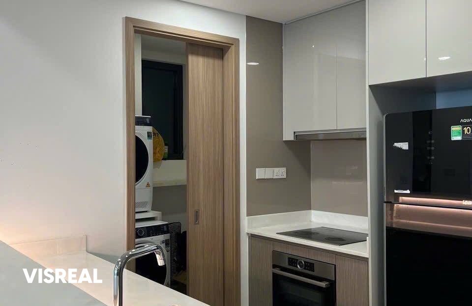Kitchen with oven, induction hob and laundry room with washer and dryer, The River Thu Thiem rental