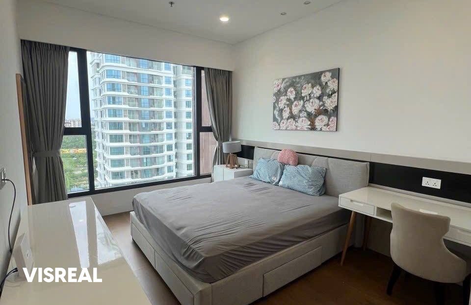 Main bedroom with desk, storage bed and wide window, 2-bedroom apartment for rent in The River Thu Thiem