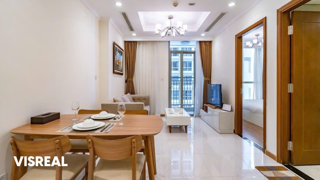 Dining table for four and living room toward the balcony, 1-bedroom apartment in Vinhomes Central Park