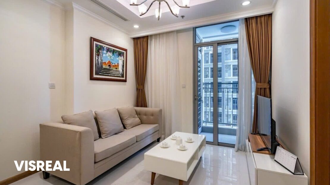 Beige sofa and chandelier by the balcony door, Vinhomes Central Park 1BR for rent