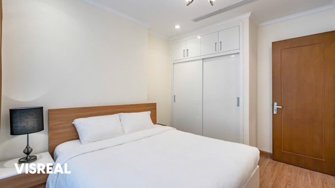 Bedroom with sliding wardrobe and wooden floor, 1-bedroom apartment for rent in Vinhomes Central Park