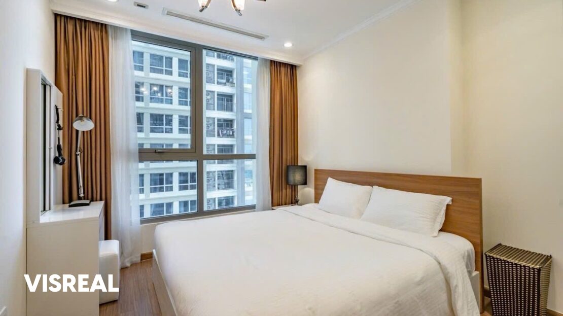 Bedroom with wide window and desk, Vinhomes Central Park 1BR apartment