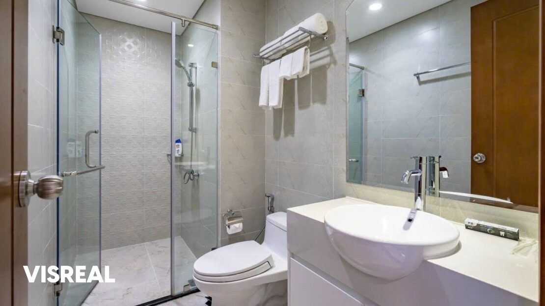 Bathroom with glass shower and vanity, 1-bedroom apartment in Vinhomes Central Park