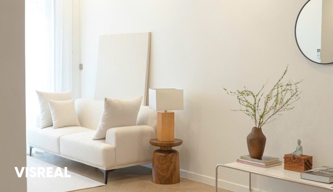 Herringbone oak floor and cream sofa in the living room, Lumiere Riverside 2-bedroom
