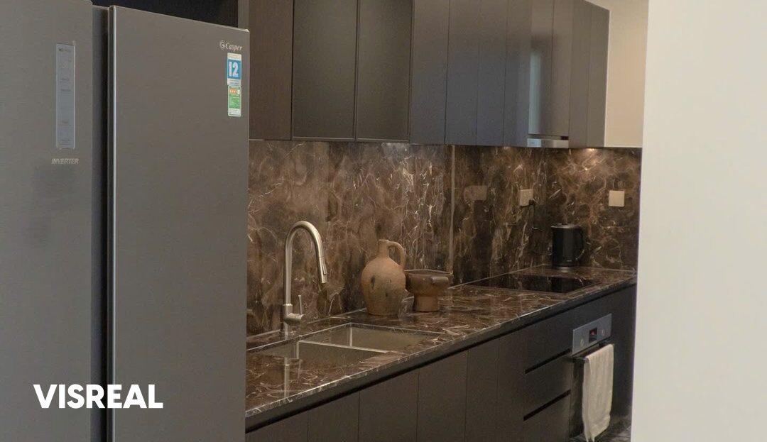 Galley kitchen with stone backsplash and Casper side-by-side fridge, Lumiere Riverside