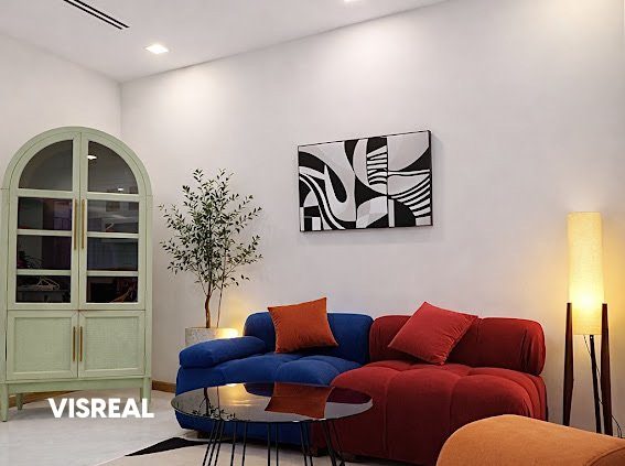 Red and blue modular sofa with floor lamp, Vinhomes Central Park 1BR for rent