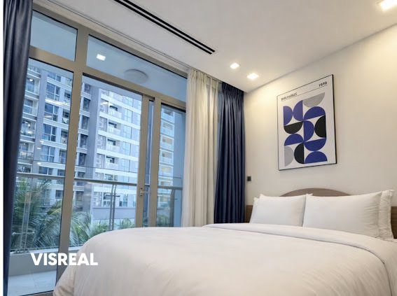 Bedroom with floor-to-ceiling glass and balcony door, 1BR apartment for rent in Vinhomes Central Park