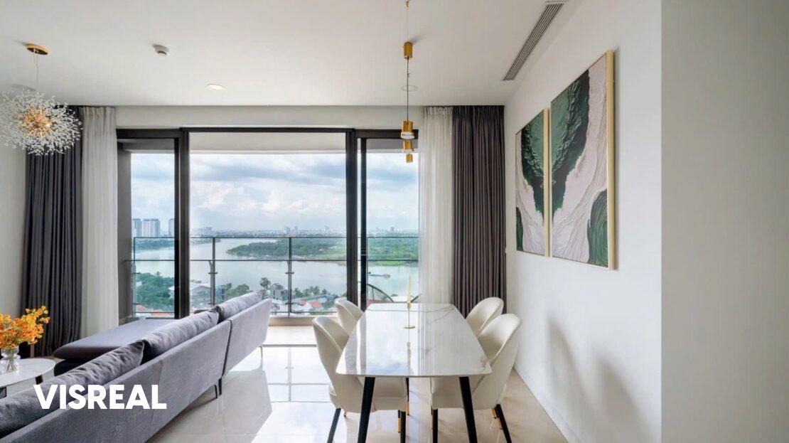 Marble dining table for six beside river-view windows, 3-bedroom apartment in The Nassim