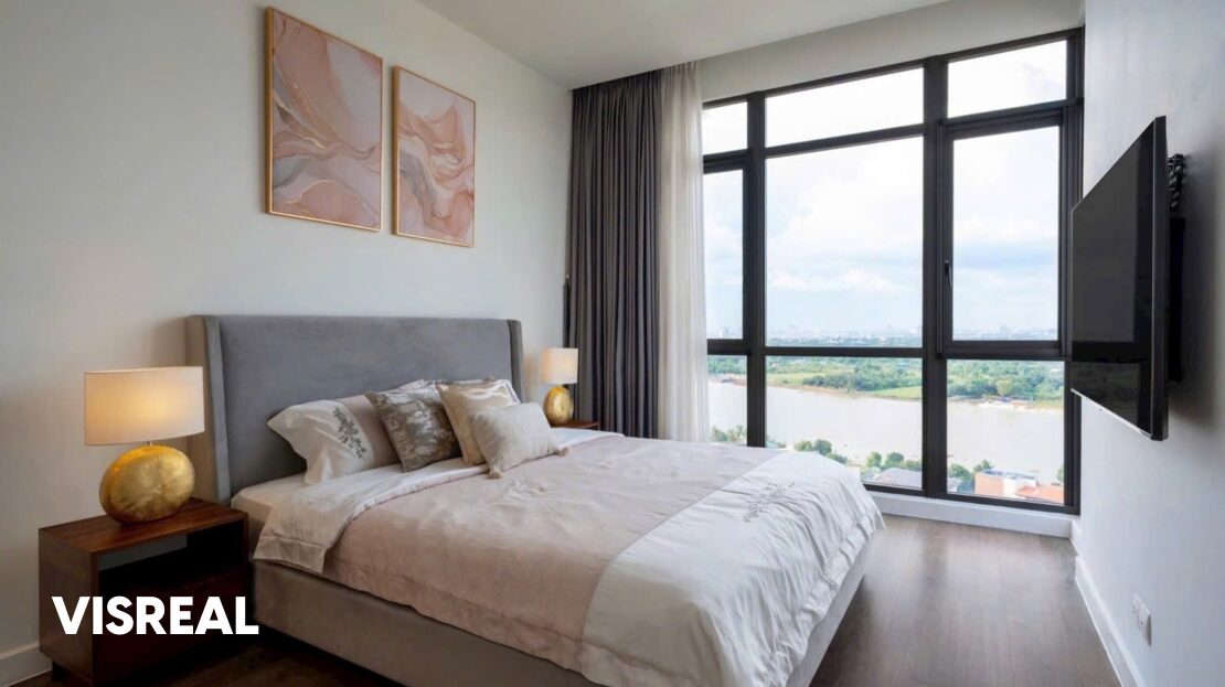 Master bedroom with grey headboard and river-view window, The Nassim 3BR in Thao Dien